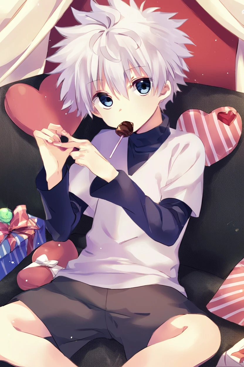 killua_zoldyck, 1boy, solo, looking at viewer, short hair, bangs, blue eyes, shirt, long sleeves, ribbon, holding, hair between eyes, sitting, white shirt, white hair, short sleeves, male focus, heart, food, shorts, holding food, spiked hair, box, candy, couch, gift, pink ribbon, lollipop, chocolate, male child, layered sleeves, short over long sleeves, holding candy, rating_questionable <lora:xl_char_killua_zoldyck:1>