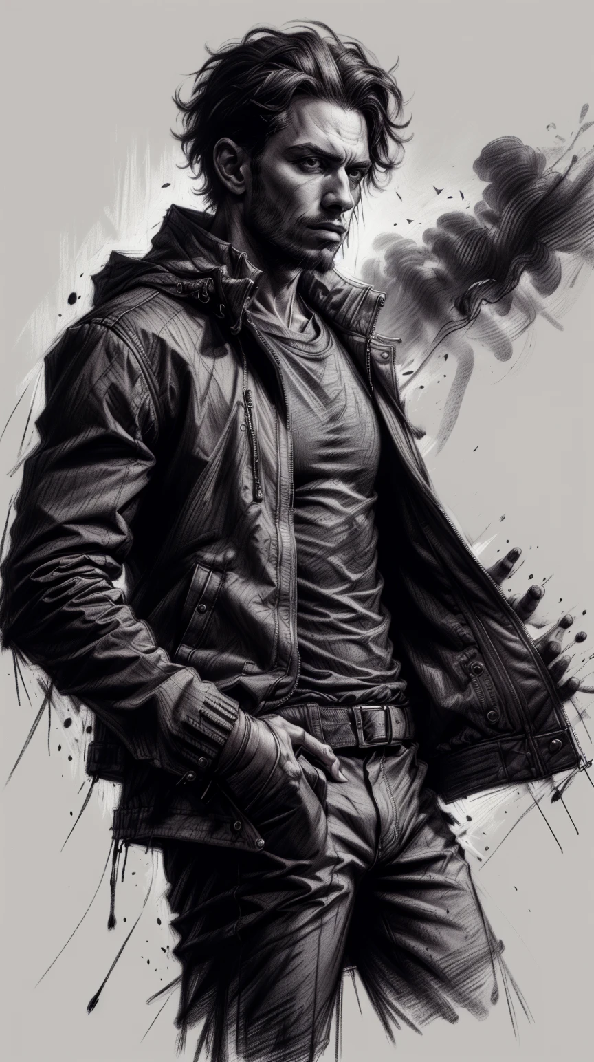 <lora:CharcoalDarkStyle:1> CharcoalDarkStyle jacket, Charcoal sketch, rough, dark, black background, (Masterpiece:1.3) (best quality:1.2) (high quality:1.1)