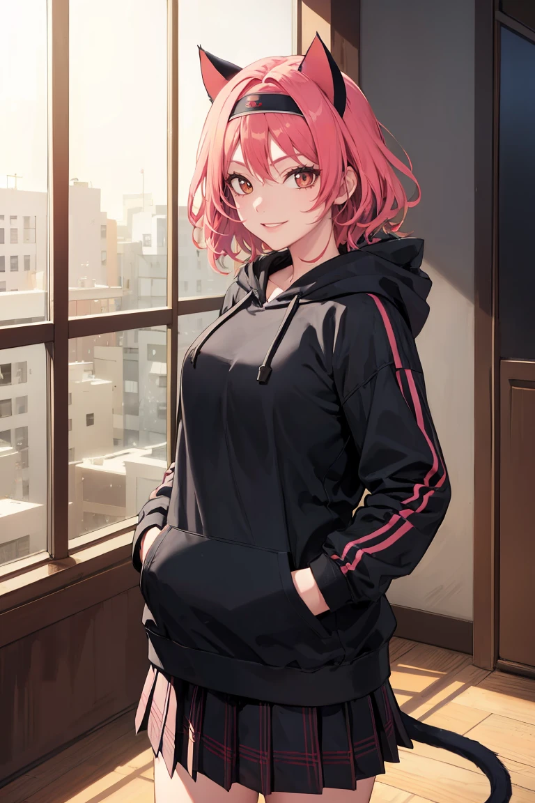 masterpiece, best quality, absurdres, YuukiNinjaWars, cat ears, tail, short hair, hairband, indoors, plaid skirt, hoodie, smile, hands in pockets, <lora:CHAR-YuukiNinjaWars:0.9>