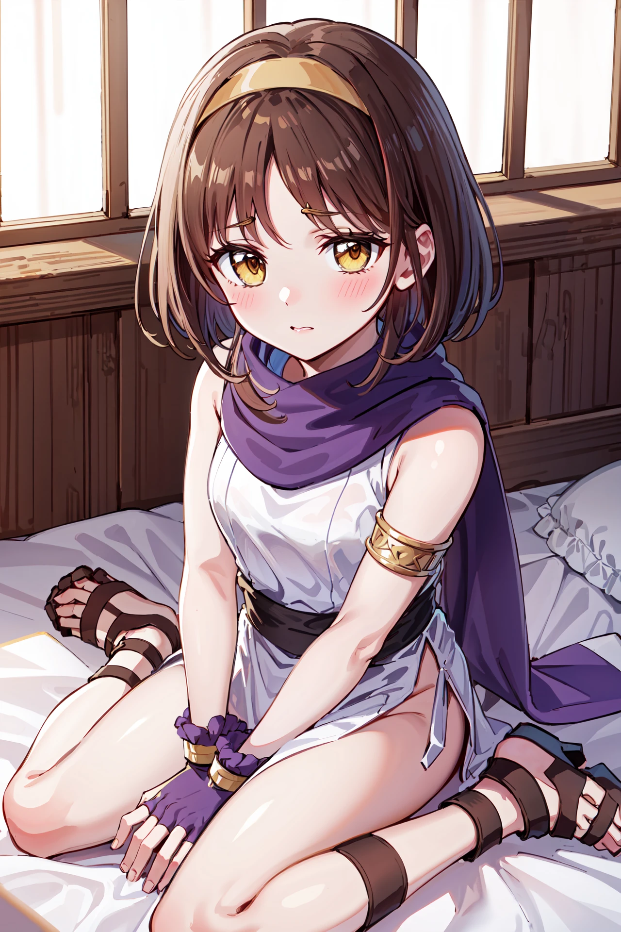 from above,wariza,on bed, <lora:lindaV2-1:0.9>,hol_linda,blush,hairband, white dress, dress,scarf, fingerless gloves, side slit,  armlet,gladiator sandals,sleeveless, toeless footwear, bracelet,indoors,(masterpiece, best quality, ultra-detailed, best shadow)