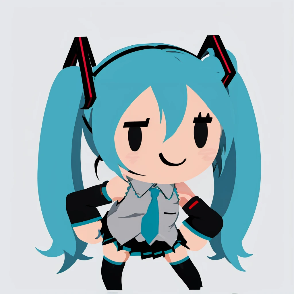 simple background, flat color, no lineart, chibi, solo, 1girl, hatsune miku, smile, hands on hips, twintails, sleeveless shirt, necktie, detached sleeves, skirt, black thighhighs <lora:style_helltakerchibi-000010:1>