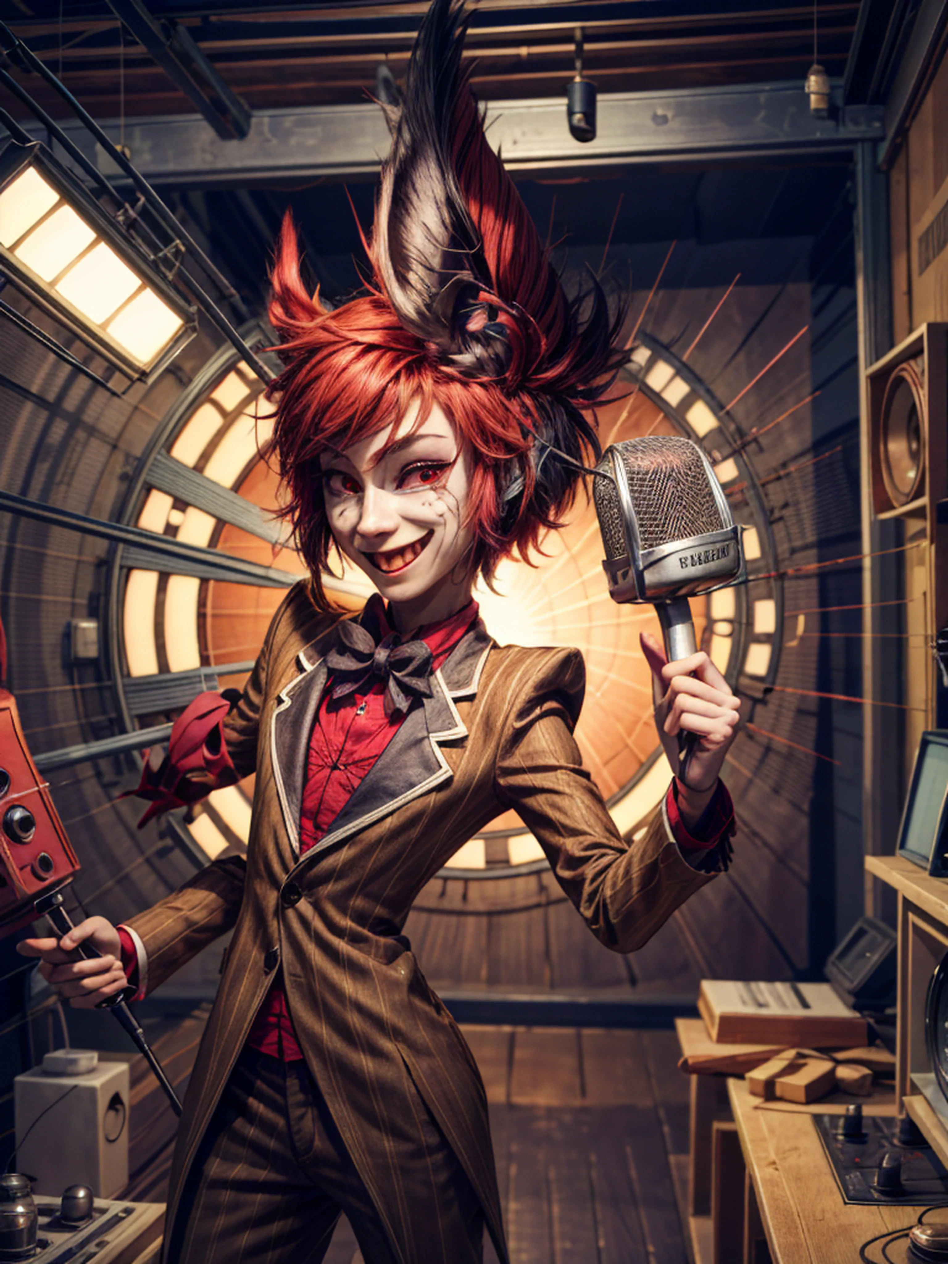 <lora:more_details:0.8> <lora:improve_backgrounds:0.85> <lora:Alastor_sd15:1> Alastor talking a the radio, holding a microphone, in a radio station, male