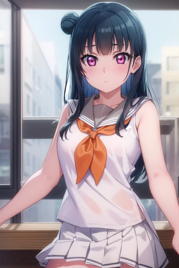 yoshikotsushima, <lora:yoshiko tsushima s2-lora-nochekaiser:1>,
yoshiko tsushima, long hair, bangs, blue hair, (pink eyes:1.3), hair bun, single hair bun, single side bun,
BREAK shirt, school uniform, white shirt, serafuku, neckerchief, uranohoshi school uniform, (orange neckerchief:1.3), sleeveless, skirt, pleated skirt, grey skirt,
BREAK indoors, classroom,
BREAK looking at viewer, (cowboy shot:1.5),
BREAK <lyco:GoodHands-beta2:1>, (masterpiece:1.2), best quality, high resolution, unity 8k wallpaper, (illustration:0.8), (beautiful detailed eyes:1.6), extremely detailed face, perfect lighting, extremely detailed CG, (perfect hands, perfect anatomy),