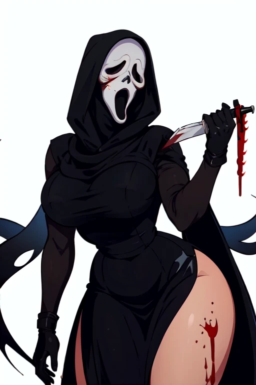 masterpiece,best quality,extreme detail,8k,white background,<lora:ghostface:0.8>,ghostface,1girl,solo,breasts,large breasts,simple background,gloves,dress,black gloves,hood,black dress,mask,hood up,long dress,holding knife,blood,