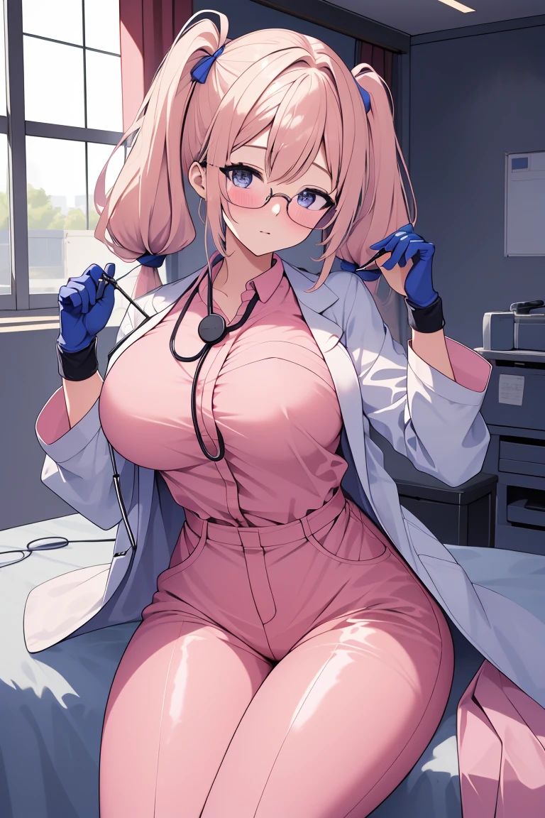 masterpiece, best quality,lower_body, operating table,medical monitors,hospital bed, <lora:brwn_doctor_uniform:0.8> (bwn_doc_unif, blue_gloves, pink_shirt, labcoat, stethoscope,latex pants,pink_uniform), <lora:Kimune Honda:0.7> (kimune honda, 3dcg_14, 1girl, blush, bangs, blonde_hair, low twintails, parted bangs, large breasts, grey_eyes, glasses, twintails),