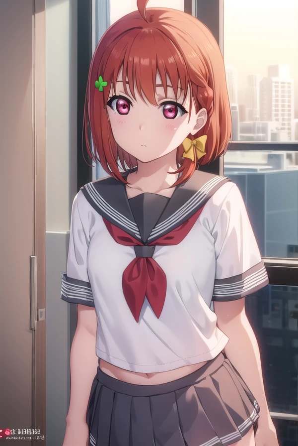 chikatakami, <lora:chika takami s2-lora-nochekaiser:1>,
chika takami, short hair, hair ornament, (red eyes:1.3), bow, braid, ahoge, hair bow, orange hair, side braid, yellow bow, clover hair ornament,
BREAK skirt, school uniform, short sleeves, pleated skirt, serafuku, socks, neckerchief, kneehighs, black socks, red neckerchief, grey skirt, uranohoshi school uniform,
BREAK indoors, classroom,
BREAK looking at viewer, (cowboy shot:1.5),
BREAK <lyco:GoodHands-beta2:1>, (masterpiece:1.2), best quality, high resolution, unity 8k wallpaper, (illustration:0.8), (beautiful detailed eyes:1.6), extremely detailed face, perfect lighting, extremely detailed CG, (perfect hands, perfect anatomy),