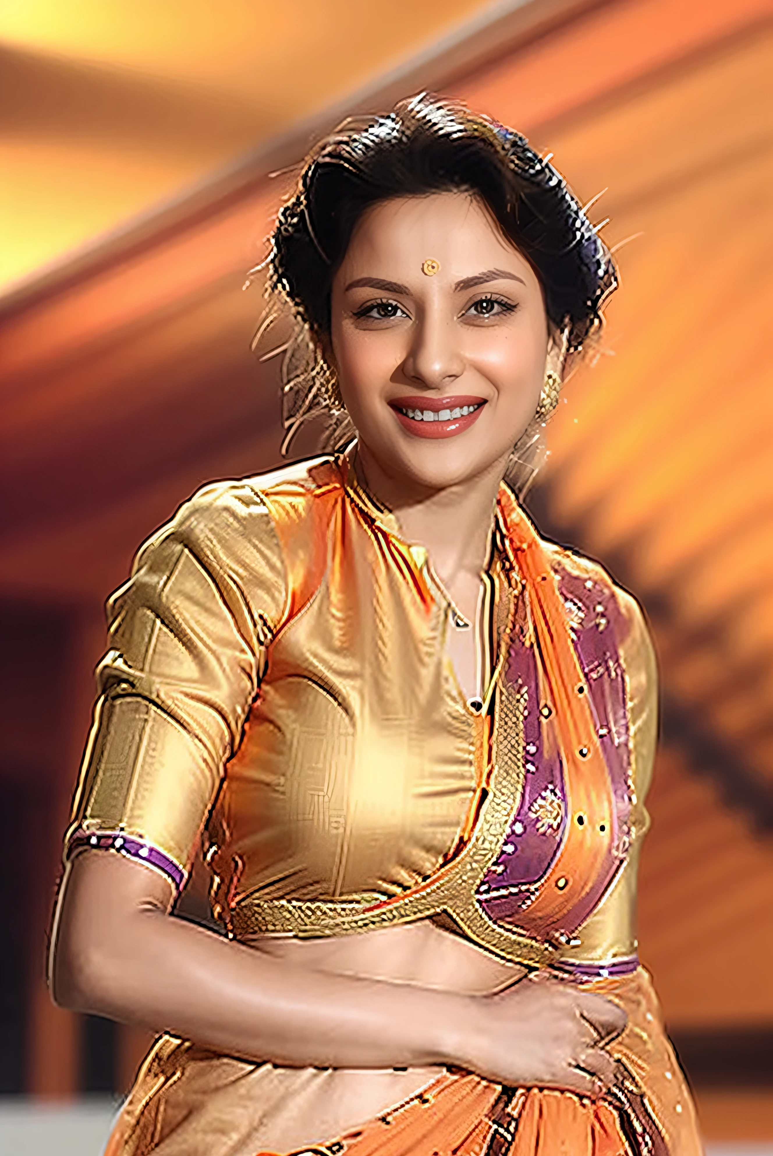 photo of nrgs, woman conservatively dressed woman wearing Orange sari and blouse,  dynamic pose, looking at camera, laughing, accurate anatomy, simple background <lora:nrgs_Nargis_Dutt_SD15_LoRA_prodigy_local_regs:1>