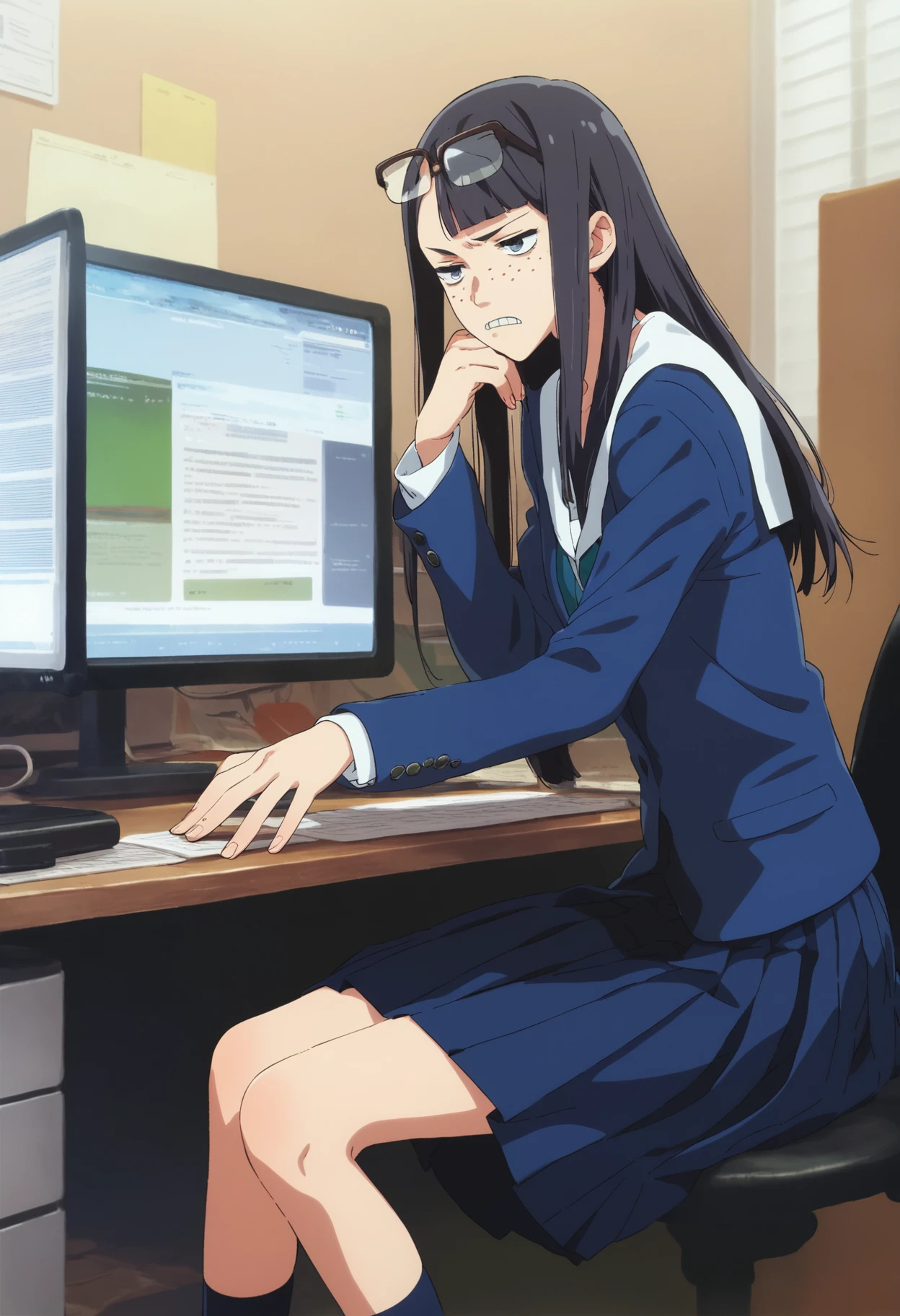 score_9, score_8, score_7, source_anime,
rating_general, anime, official art,
<lora:kanamori-ponyxl-000013:1> kanamori, eyewear on head, freckles
serafuku, pleated skirt, blazer, blue skirt, long skirt,
1girl, solo, sitting, office, computer, looking at monitor, stocks