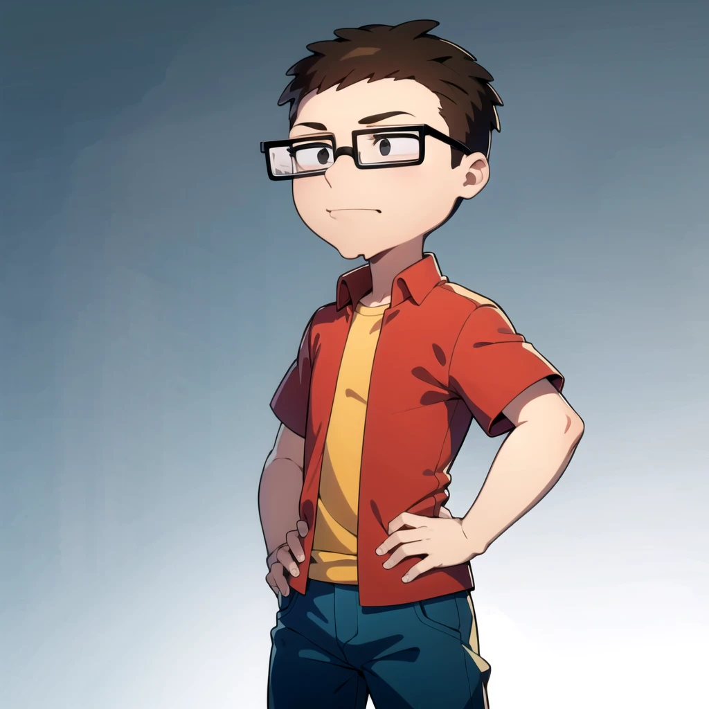 1boy, solo, Steve smith, black eyes, glasses, black-framed eyewear, brown hair, red shirt, yellow shirt ,blue pants, open clothes, <lora:Steve_Smith_Leaf1:0.8>, cowboy shot, gradient background, simple background, hands on hips,