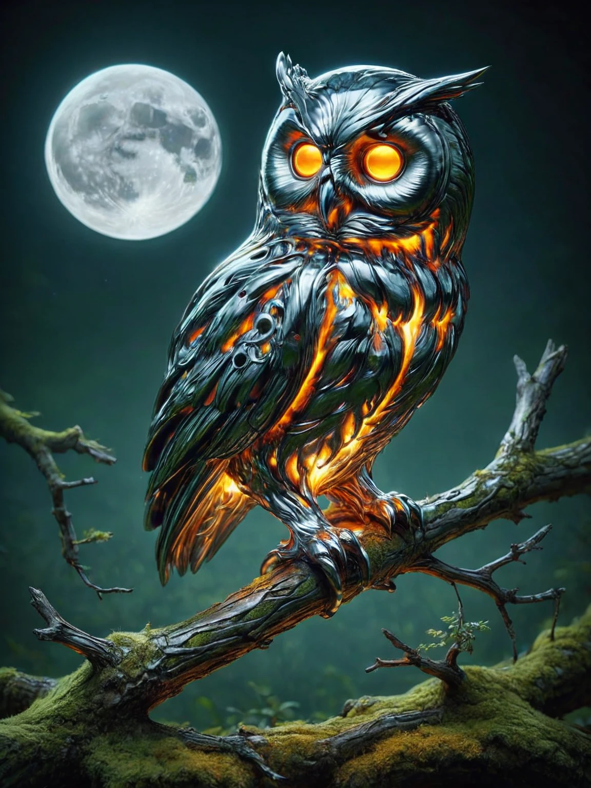 ais-moltenz owl, perched on a mossy branch under the moonlight <lora:Molten_Metal_SDXL:1>