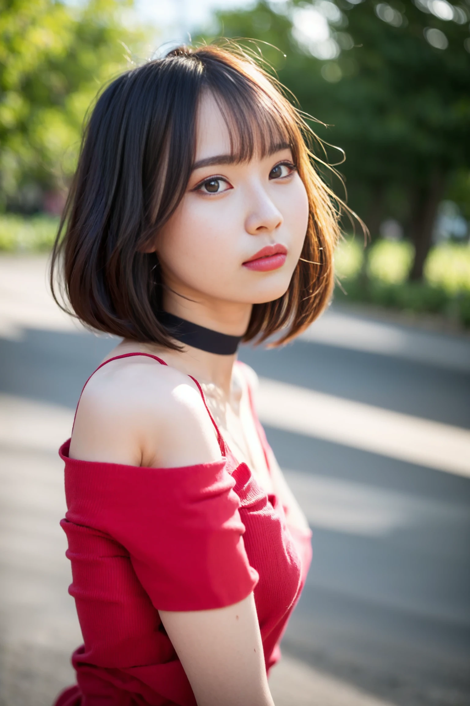 <lora:nana_kic_v01:0.9>,
(8k, RAW photo, best quality, masterpiece:1.2), (realistic, photo-realistic:1.37), omertosa,1girl, blurry background,city, sunlight,professional lighting, photon mapping, radiosity, physically-based rendering, backlight bokeh, blurry background, ((black choker)), red lips, student ,((lights shinning on the face))
head portrait
,
sunlight, ((outdoors)) ,((light shinning on the hair))
((navel-baring shirt,millitary uniform,bare shoulders)),
((bob haircut)), ((floating hair)), black hair,straight hair, glowing hair,
135mm lens,,big breast,red lips,smile,