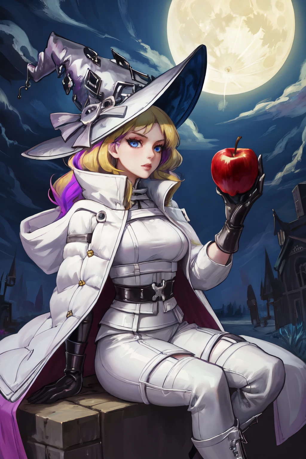 masterpiece, best quality, 1girl, solo, <lora:diabellze-ygo-richy-v1:1> diabellze, blue eyes, blonde hair, purple hair, multicolored hair, witch hat, white coat, white bodysuit, multiple belts, sitting, thighboots, full moon, apple