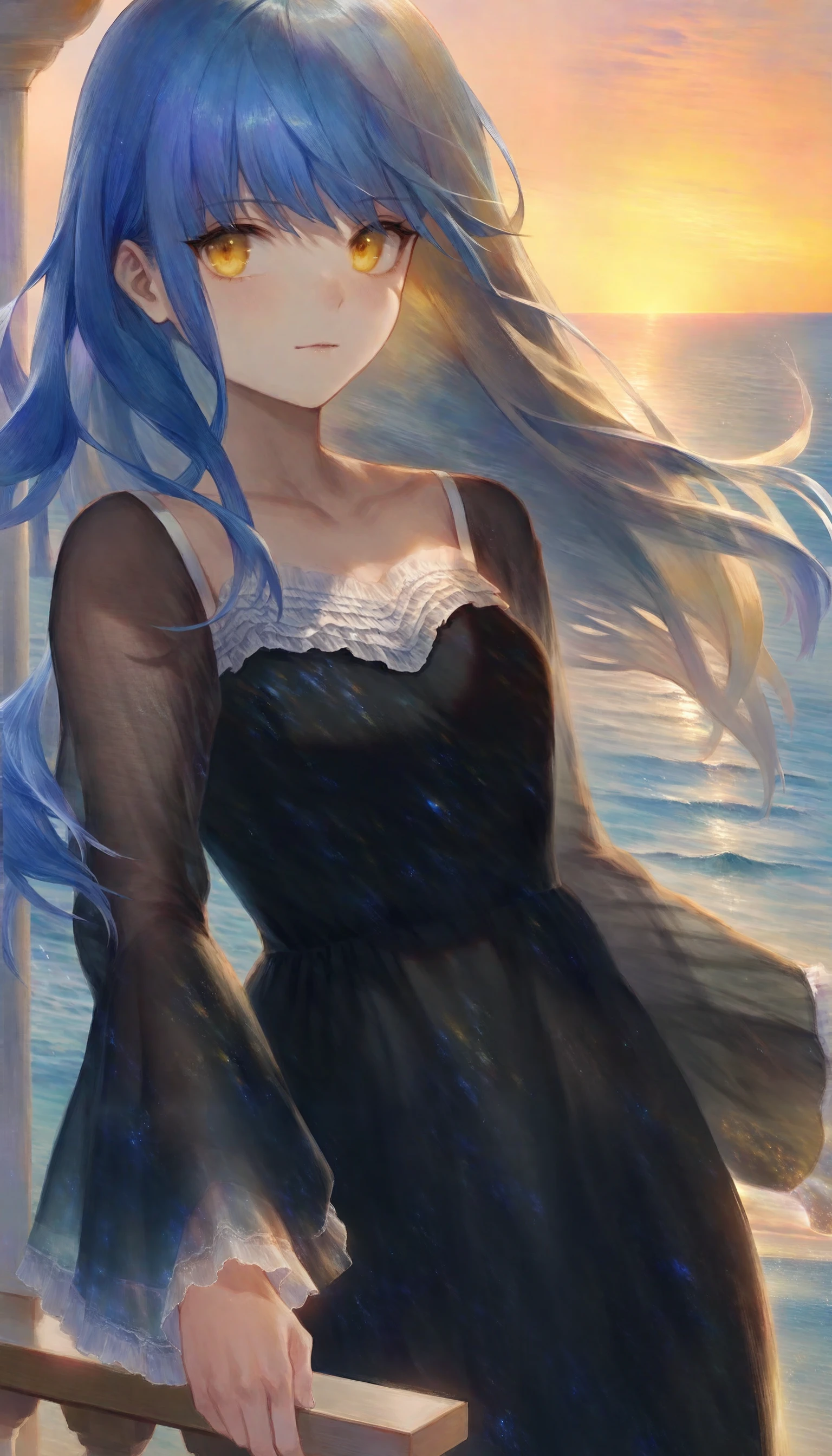 1girl, solo, solo focus, mature female, looking at viewer, streaked hair, blue hair, long hair, yellow eyes, floating hair, wavy hair, swept bangs, 
black dress, black dress, long dress, long sleeves, see-through sleeves, collarbone, small breasts, frills, frilled dress, wide sleeves, dress straps, bare shoulders, 
sunset, balcony, ocean, 
(portrait:1.2), best quality, masterpiece,