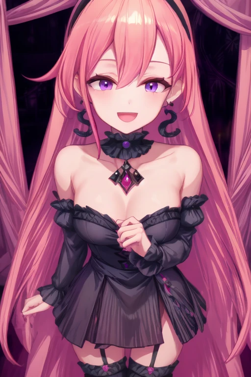 runie, 1girl, bangs, bare shoulders, black dress, black legwear, breasts, cleavage, collarbone, crown, detached sleeves, dress, earrings,  garter straps, hair between eyes, jewelry, long hair, looking at viewer, medium breasts, nail polish, open mouth, pink hair, solo, thighhighs, very long hair,
1girl, bangs, cross earrings, ear piercing, earrings, face, hair between eyes, jewelry, long hair, piercing, pink hair, portrait, purple eyes, smile, solo
<lora:add_detail:1.1>, <lora:hyperrefiner_v090:1.2>, <lora:runie-pc-v2:0.8>