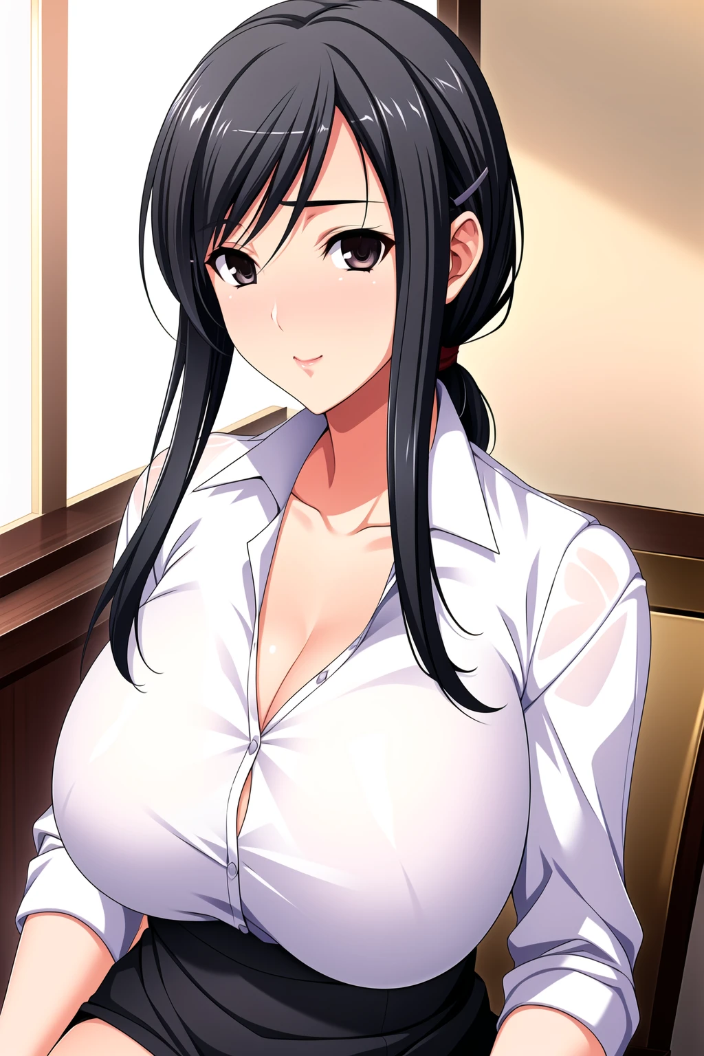 Simple White Background,
white shirt,long sleeves,collared shirt, collarbone, cleavage, 
<lora:Hiiragi_Ayako_Walkure-KK77-V1:0.7>,
black eyes, black hair,bangs,Long hair,low ponytail, 
<lora:Oda_Non_Style-KK77-V2:0.3>,<lora:more_details:0.1>,
1 girl, 20yo,Young female,Beautiful long legs,Beautiful body,
Beautiful Nose,Beautiful character design, perfect eyes, perfect face,expressive eyes,perfect balance,
looking at viewer,(Focus on her face),closed mouth, (innocent_big_eyes:1.0),(Light_Smile:0.3),
official art,extremely detailed CG unity 8k wallpaper, perfect lighting,Colorful, Bright_Front_face_Lighting,White skin,
(masterpiece:1.0),(best_quality:1.0), ultra high res,4K,ultra-detailed,
photography, 8K, HDR, highres, absurdres:1.2, Kodak portra 400, film grain, blurry background, bokeh:1.2, lens flare, (vibrant_color:1.2),professional photograph,
(Beautiful,large_Breasts:1.4), (beautiful_face:1.5),(narrow_waist),