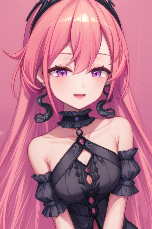 runie, 1girl, bangs, bare shoulders, black dress, black legwear, breasts, collarbone, crown, detached sleeves, dress, earrings,  garter straps, hair between eyes, jewelry, long hair, medium breasts, nail polish, pink hair, solo, thighhighs, very long hair,
1girl, bangs, cross earrings, ear piercing, earrings, face, hair between eyes, jewelry, long hair, piercing, pink hair, purple eyes, smile ((open mouth, upper body, closeup, tshirt:1.3))
<lora:add_detail:1.1>, <lora:hyperrefiner_v090:1.2>, <lora:runie-pc-v2:0.8>