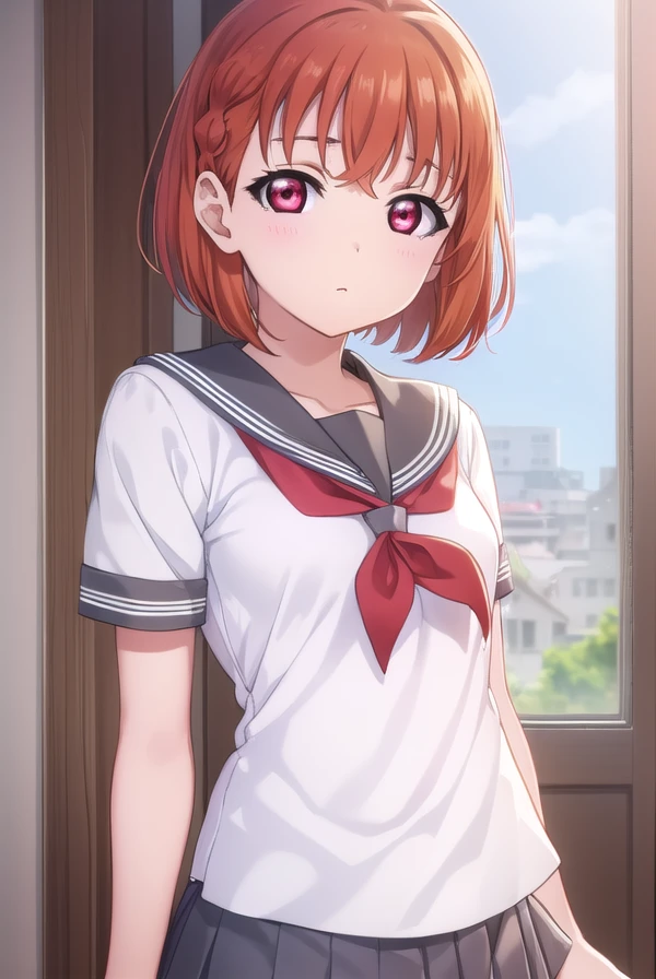 chikatakami, <lora:chika takami s2-lora-nochekaiser:1>,
chika takami, short hair, hair ornament, (red eyes:1.3), bow, braid, ahoge, hair bow, orange hair, side braid, yellow bow, clover hair ornament,
BREAK skirt, school uniform, short sleeves, pleated skirt, serafuku, socks, neckerchief, kneehighs, black socks, red neckerchief, grey skirt, uranohoshi school uniform,
BREAK indoors, classroom,
BREAK looking at viewer, (cowboy shot:1.5),
BREAK <lyco:GoodHands-beta2:1>, (masterpiece:1.2), best quality, high resolution, unity 8k wallpaper, (illustration:0.8), (beautiful detailed eyes:1.6), extremely detailed face, perfect lighting, extremely detailed CG, (perfect hands, perfect anatomy),