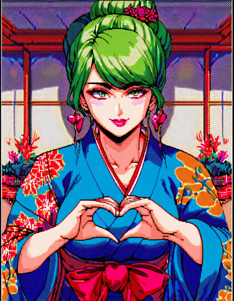 score_9, score_8_up, score_7_up, best quality, masterpiece,
pc98, woman, solo,
makeup, lipstick, smile, green hair, bun, kimono, heart hands, room, upper body <lora:retro_pcgame_style_XL(pony):1>