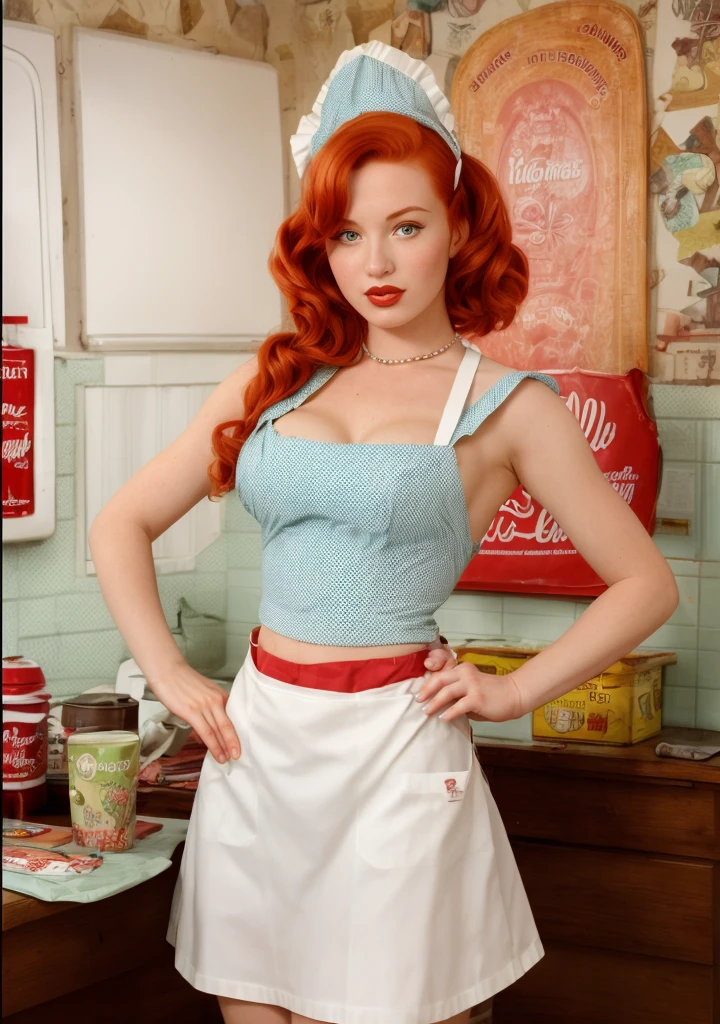 woman, redhead waitress, <lora:stepford-10:1> stepfordized, 1950s cloths