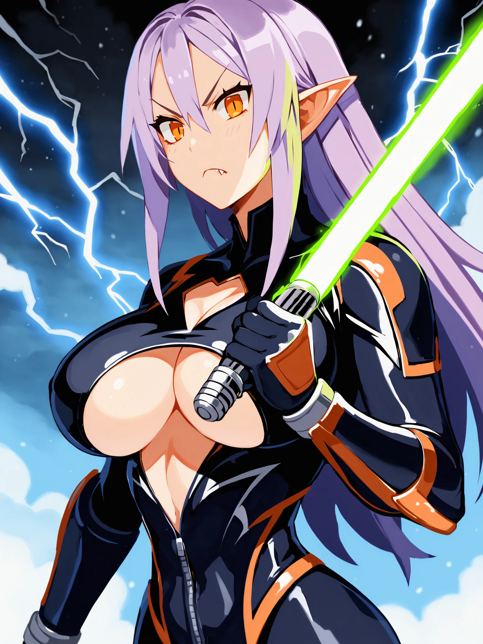 score_9,1girl,solo,upper body,light purple hair,looking at viewer,long hair,orange eyes,frown,fangs,pointy ears,large breasts,lightsaber,bodysuit,power ranger,lightning,underboob,cleavage cutout,foreshortening,<lora:DisgaeaXL:0.8>,