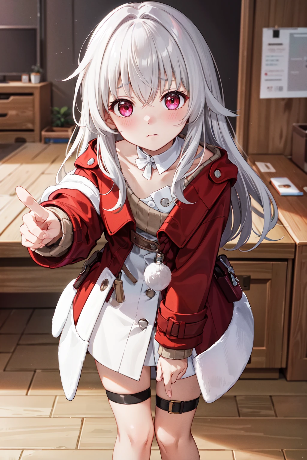 masterpiece,best quality,highres,ultra-detailed,clara,long hair,bangs,hair between eyes,white choker,red coat,open clothes,long sleeves,sleeves past wrists,white dress,sweater,white shirt,white skirt,thigh strap,barefoot,<lora:clara_(honkai_star_rail):0.7>,frown,pointing,leaning forward,looking at viewer,indoors,desk,