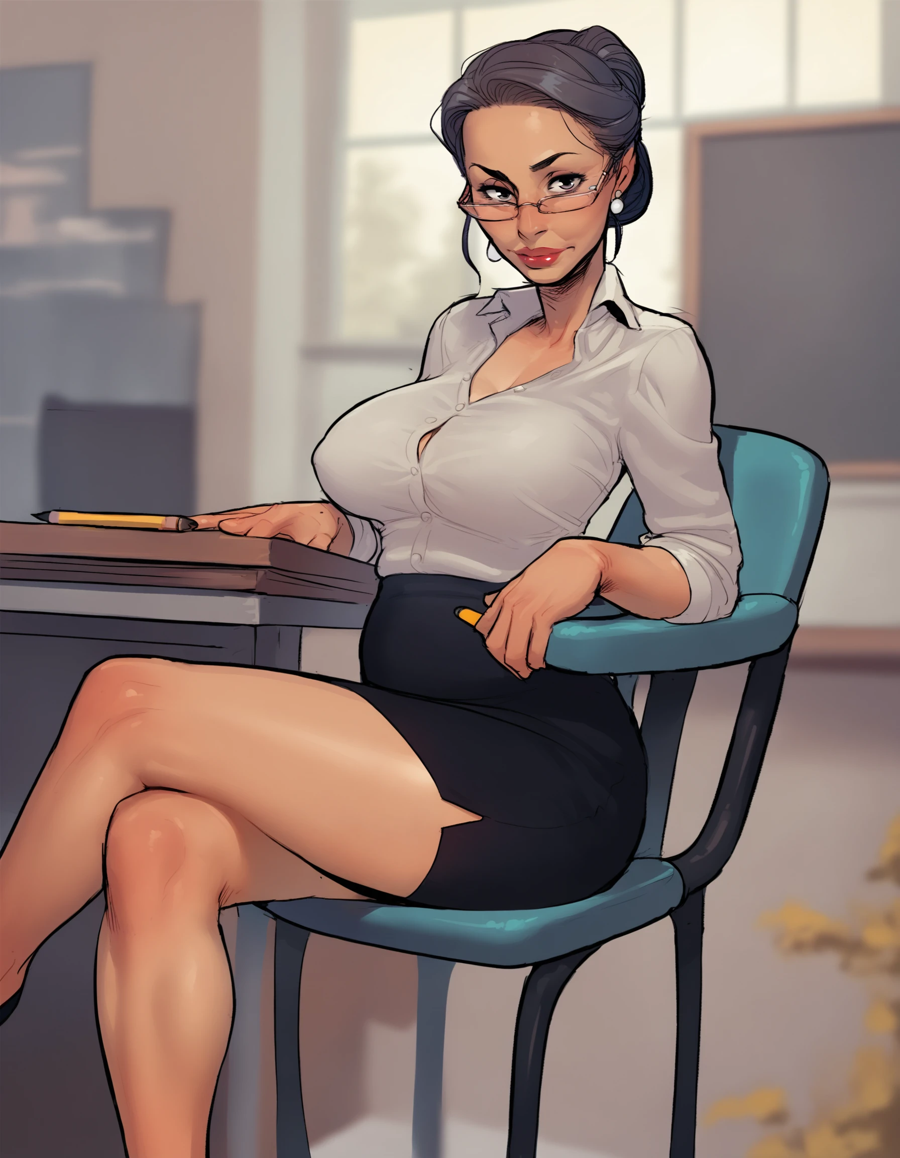 1girl, solo, female,
looking at viewer, teacher, hair bun, glasses, blouse, pencil skirt, crossed legs, sitting, chair, mature female
BREAK
score_9, score_8_up, score_7_up, score_6_up, source_cartoon, rating_safe,<lora:temogam_style_v3-000005:0.8>