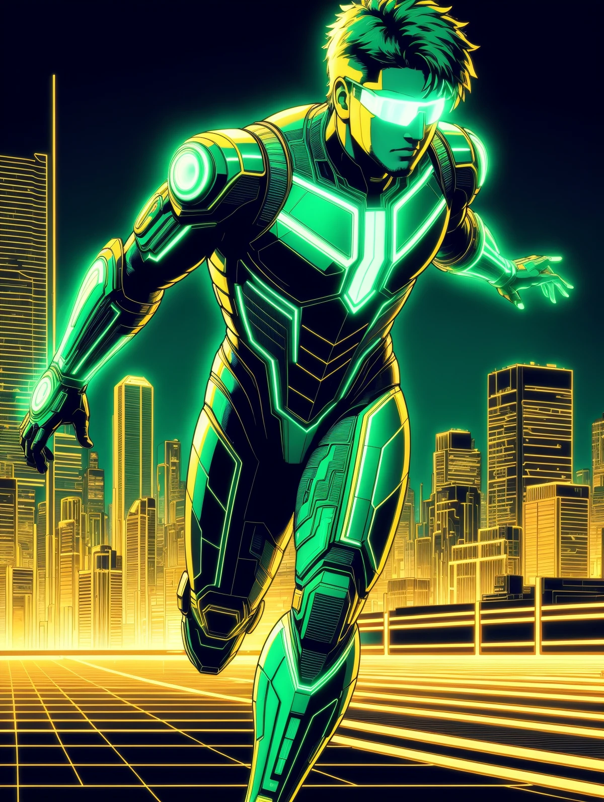 man, emerald glowing outlines, green coloring, dynamic pose, grid, motion blur, cyberpunk, 1980s, retro, scifi, city <lora:Neon_Cyberpunk_Cyberspace_SD1.5:0.8>, (masterpiece:1.2), best quality, (hyperdetailed, highest detailed:1.2), high resolution textures