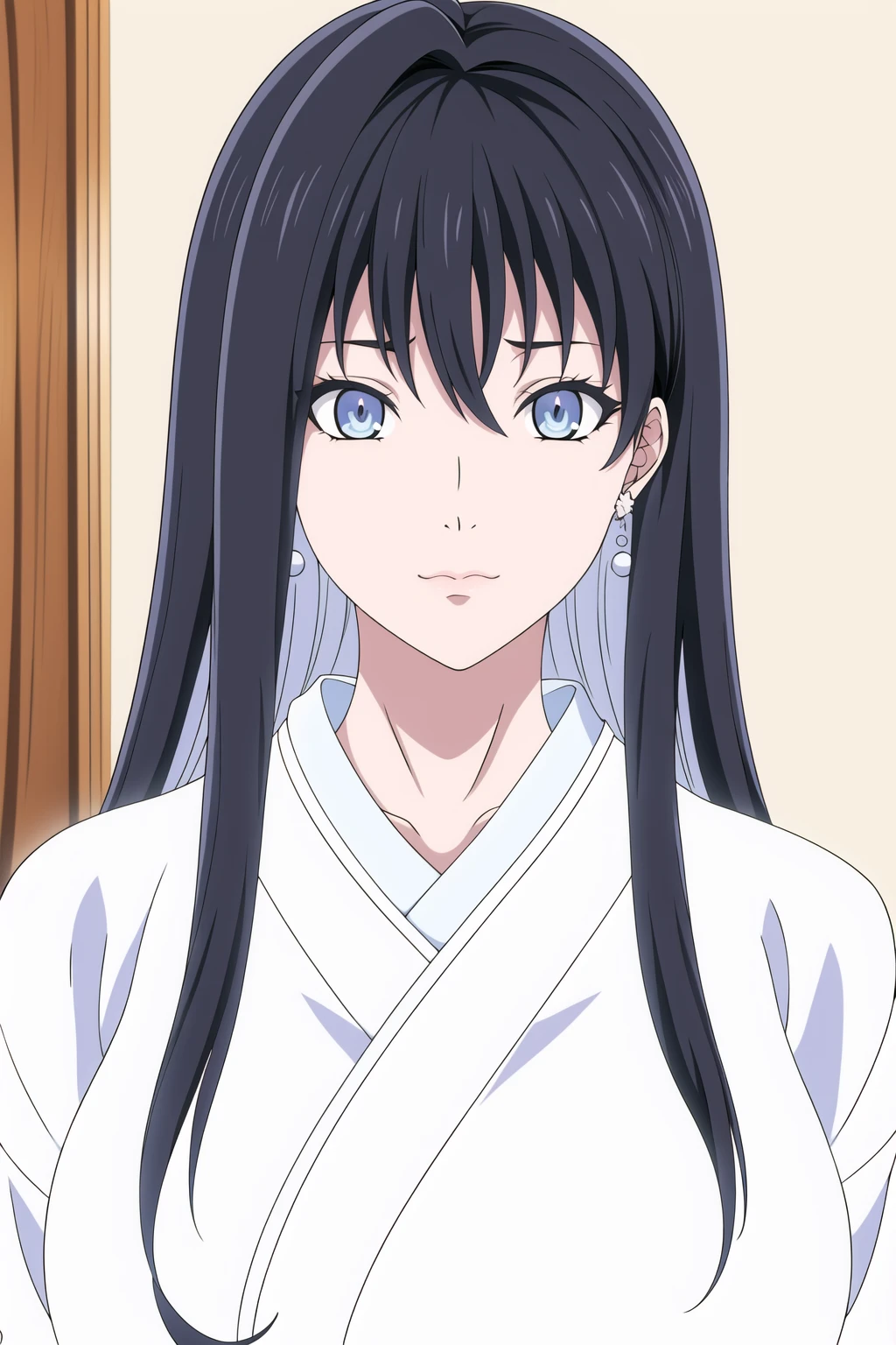 Simple White Background,
japanese clothes, white kimono, wide sleeves, long sleeves, 
<lora:Yuki_onna_InSpectre-KK77-V1:0.7>,
blue eyes, black hair,bangs,Long hair,multicolored hair, 
<lora:Oda_Non_Style-KK77-V2:0.3>,<lora:more_details:0.1>,
1 girl, 20yo,Young female,Beautiful long legs,Beautiful body,
Beautiful Nose,Beautiful character design, perfect eyes, perfect face,expressive eyes,perfect balance,
looking at viewer,(Focus on her face),closed mouth, (innocent_big_eyes:1.0),(Light_Smile:0.3),
official art,extremely detailed CG unity 8k wallpaper, perfect lighting,Colorful, Bright_Front_face_Lighting,White skin,
(masterpiece:1.0),(best_quality:1.0), ultra high res,4K,ultra-detailed,
photography, 8K, HDR, highres, absurdres:1.2, Kodak portra 400, film grain, blurry background, bokeh:1.2, lens flare, (vibrant_color:1.2),professional photograph,
(Beautiful,large_Breasts:1.4), (beautiful_face:1.5),(narrow_waist),