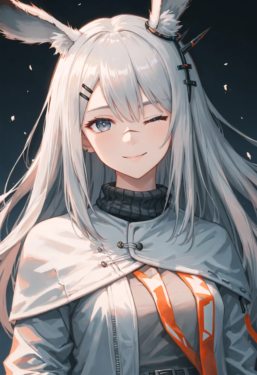 best quality, masterpiece, highres, solo, {frostnova_arknights:0.90}, smile, happy, one_eye_closed, portrait, looking at viewer
