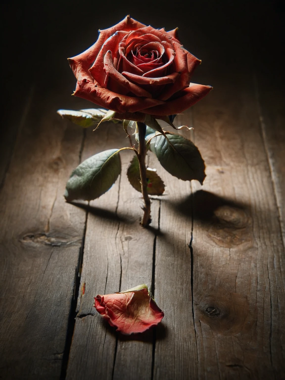 A ais-hrtbrkz single red rose on a oak wood table, <lora:ais-hrtbrkz-sdxl:1>.