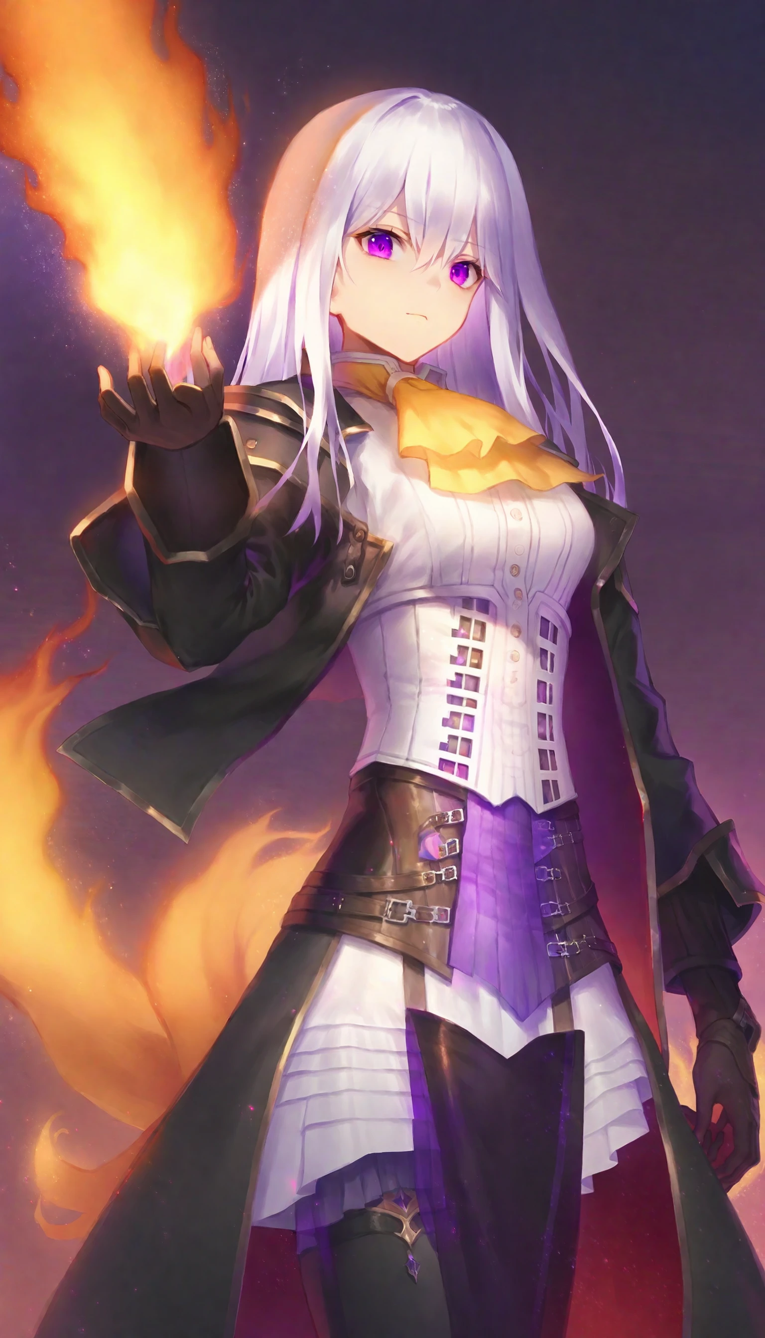 1girl, small breasts, yellow ascot, white shirt, corset, black coat, open coat, long coat, cape, long hair, white hair, purple eyes, floating hair, from below, looking at viewer, serious, cowboy shot, fire, light particles,
best quality, masterpiece,
