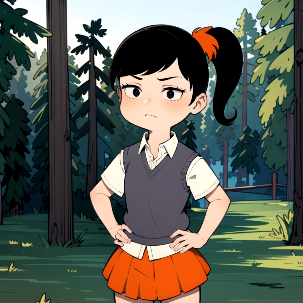 akiko yoshida, 1girl, black hair, solo, ponytail, sweater vest, school uniform, orange skirt, black eyes, shirt, short sleeves, <lora:Akiko_Yoshida_Leaf1:0.8>, hands on hips, forest,