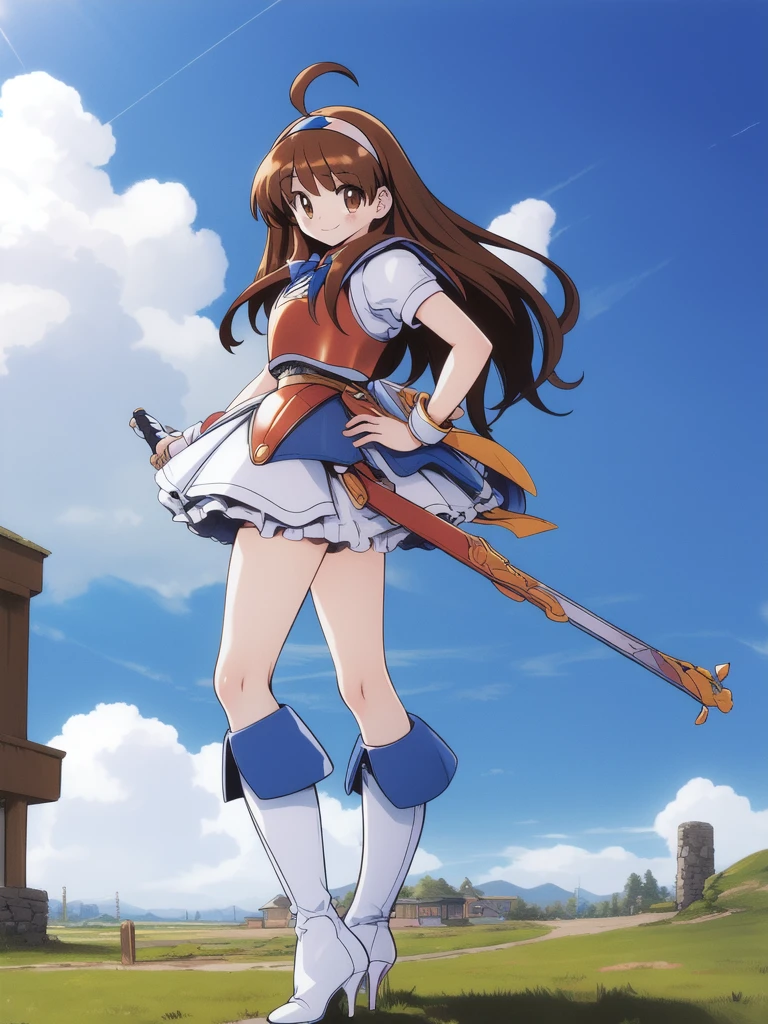 <lora:Tsurugino_Mai_SFCver:0.8>TsuruginoMaiSFCVer, 1girl, solo, boots, brown hair, armor, ahoge, sword, brown eyes, smile, full body, weapon, knee boots, skirt, long hair, high heels, hairband, hand on hip, dress, armored dress, sky, school_gate,
masterpiece, high quality, very_high_resolution, large_filesize, full color,
