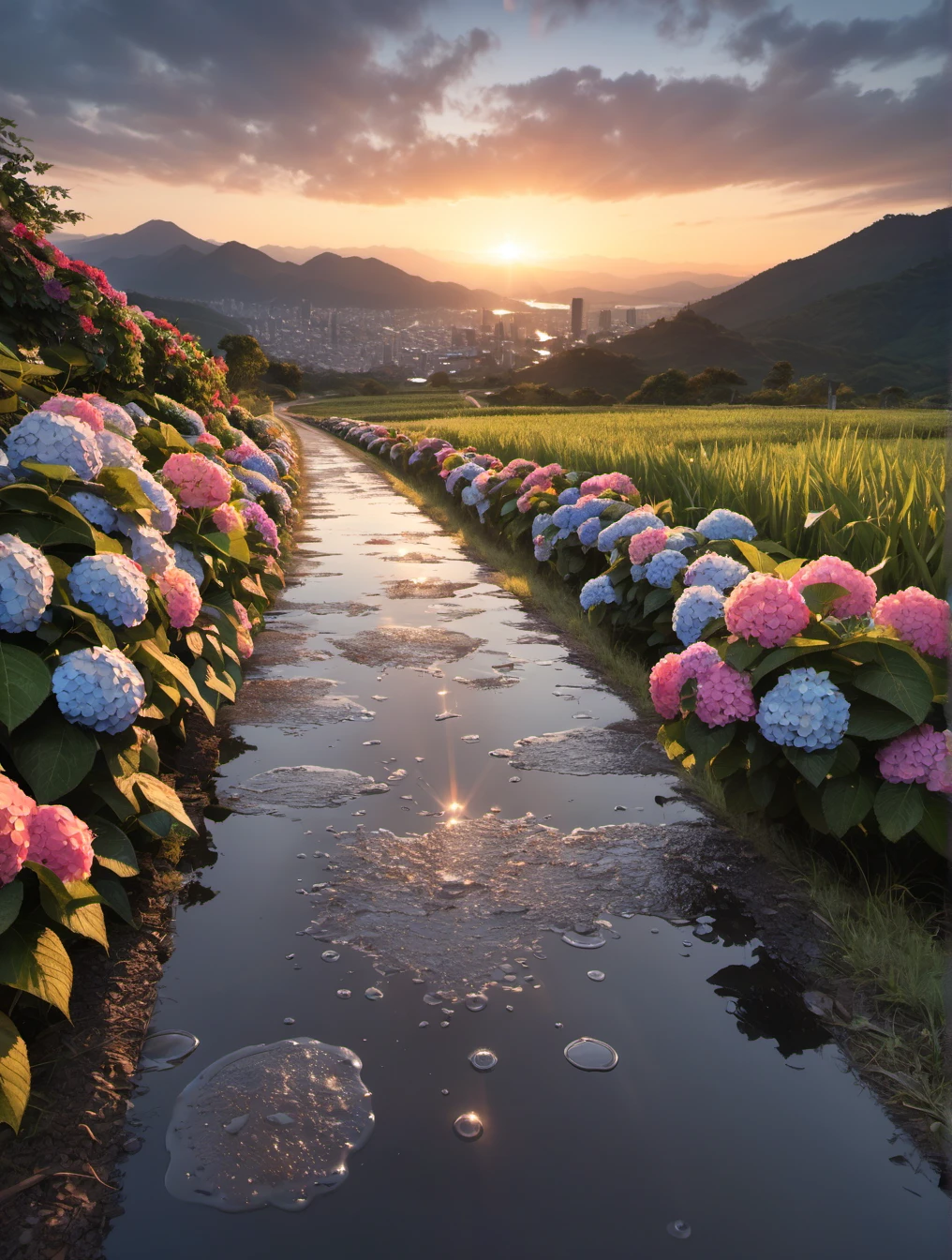 8k, RAW,natural skin,detailed skin,japanese girl,dynamic angle,bokeh, cityscape,dusk, gradient sky,horizon,(mountainous horizon:1.1),orange sky, sunlight, sunrise, sunset,Sunset reflected in a puddle,(in the country road:1.2),puddle, after rain,Along the roadside, numerous hydrangea flowers are in full bloom,best quality,masterpiece,