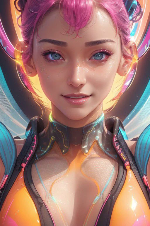 2d_artwork, UHD, best quality, 4k, <lora:Cyberbrep:0.8>, (close-up:1.5), 3/4 view, a gorgeous sport woman, relaxed and happy, detailed face, (light smile:0.5), breathtaking sci-fi background, (seductive pose:1.5), (translucent fabrics:0.5), (revealing sports tech clothing:1.5), (bright and vibrant colors:1.5), (cybernetic body improvements:0.8),