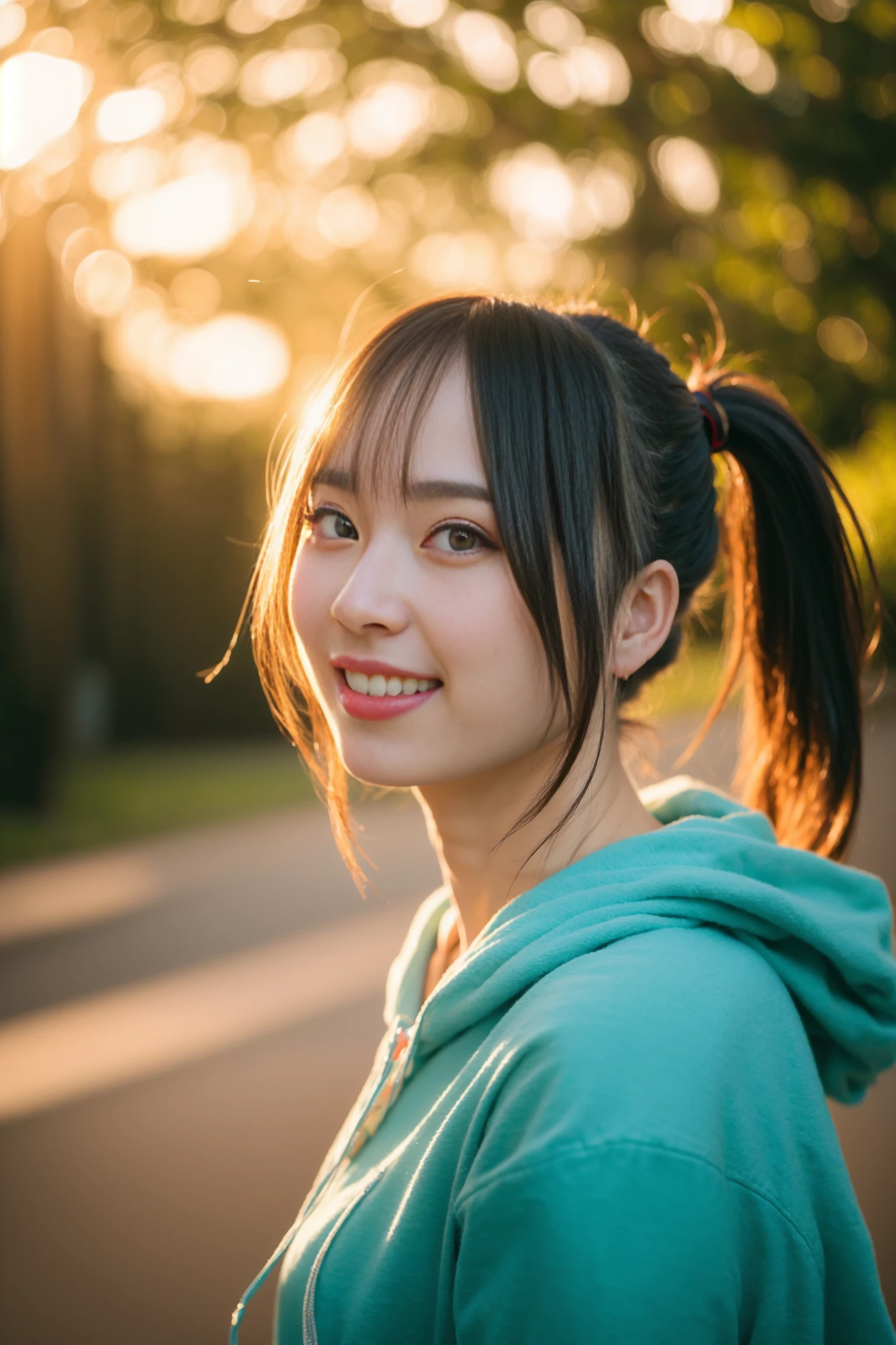 <lora:nana_kic_v01:0.9>, 
 (8k, RAW photo, best quality, masterpiece:1.2), (realistic, photo-realistic:1.37), omertosa,1girl, blurry background,lake, sunlight,professional lighting, photon mapping, radiosity, physically-based rendering, backlight bokeh, blurry background,smile, ((black choker)), red lips, student ,((lights shinning on the face))
head portrait
,
sunlight, ((outdoors)) ,((light shinning on the hair))
((hoodie)),
((ponytail hair)), ((floating hair)), blue hair,wavy hair, glowing hair,
135mm lens,,big breast,red lips,smile,