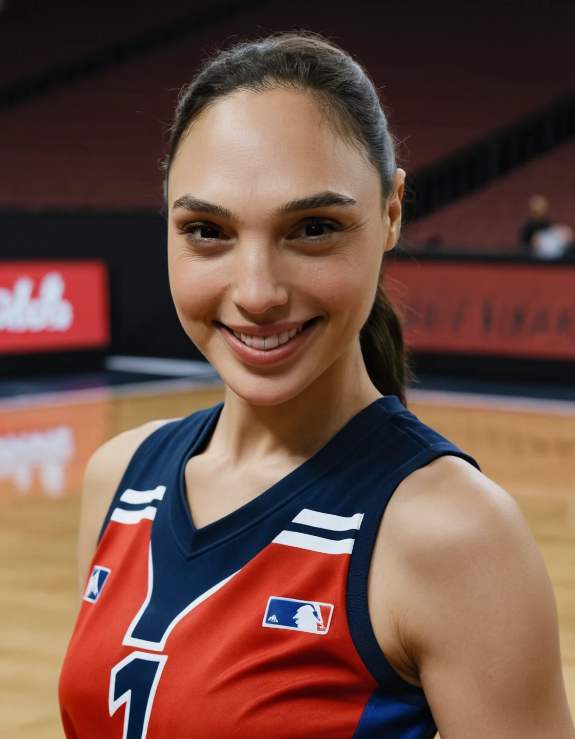 closeup portrait picture of Gal Gadot , smiling, cute
(wearing Woman basketball uniform, basketball star outfit:1.2),(Basketball Court:1.2),
<lora:offset_0.2:0.25> <lora:professional:1.5> <lora:fix_hands:1.5> <lora:GalGadotXLDogu:1.25>