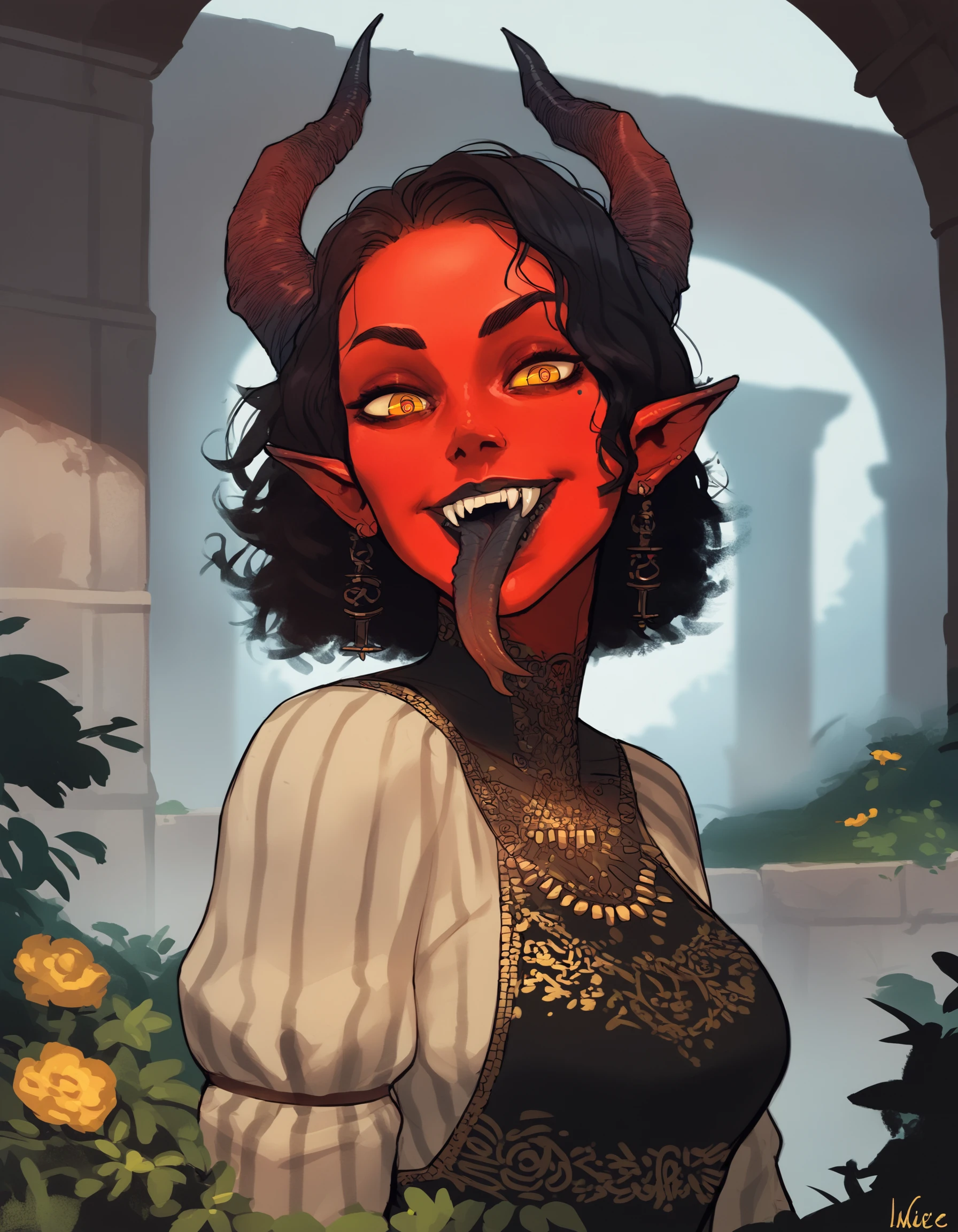 1girl, female, solo,
looking at viewer, smile, standing, upper body portrait,
black hair, golden eyes, demon girl, humanoid, tongue out, unusual pupils, forked tongue,
celtic runes, runic dress, underground, crypt,
BREAK
score_9, score_8_up, score_7_up, score_6_up, source_cartoon, rating_safe,
<lora:incase_style_v4:1>