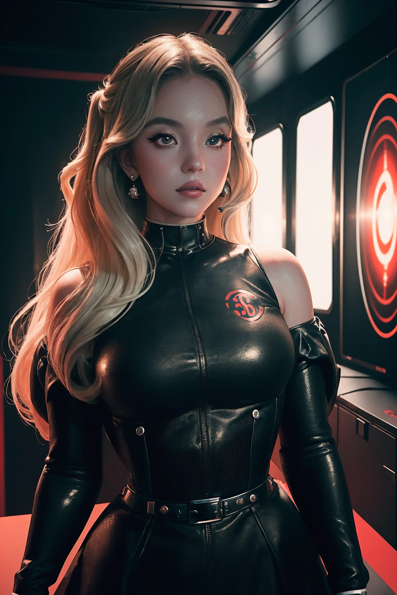 portrait of a girl with wavy white hair, wearing a formal black dress with metal parts, red eyes, monograms in the background, digital painting, dark colors, 8k, complex details, vintage, retro futuristic style, sharp focus on the center, pastel colors, art station, (sci-fi, future, future theme), (facial expression looking with disdain), (detailed illustration) <lora:sysweeneyv1:1>