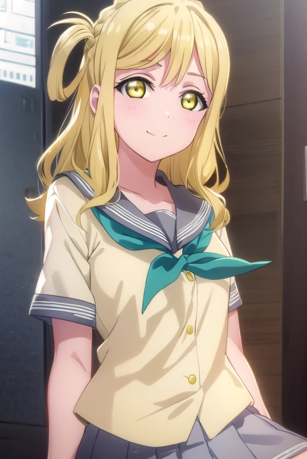 mariohara, <lora:mari ohara s2-lora-nochekaiser:1>,
mari ohara, long hair, bangs, blonde hair, hair ornament, (yellow eyes:1.3), braid, medium hair, hair rings, crown braid, smile,
BREAK skirt, school uniform, short sleeves, pleated skirt, serafuku, socks, neckerchief, kneehighs, black socks, green neckerchief, grey skirt, uranohoshi school uniform,
BREAK indoors, classroom,
BREAK looking at viewer, (cowboy shot:1.5),
BREAK <lyco:GoodHands-beta2:1>, (masterpiece:1.2), best quality, high resolution, unity 8k wallpaper, (illustration:0.8), (beautiful detailed eyes:1.6), extremely detailed face, perfect lighting, extremely detailed CG, (perfect hands, perfect anatomy),