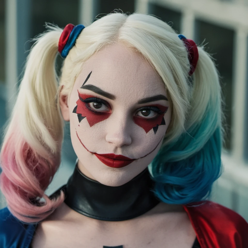 High res closeup portrait photo of an actress dressed as Harley Quinn, f /2.8, Canon, 85mm,cinematic, high quality, skin texture, looking at the camera, , <lora:asmrdarling_xl_2_standard_merger_21_51_055_045:1>