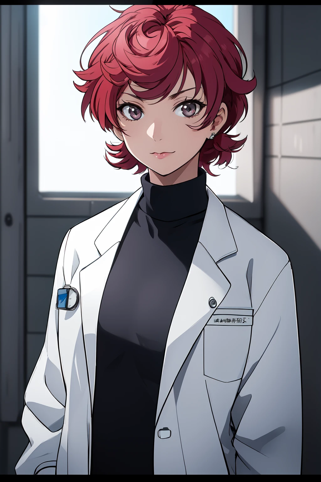 (RAW photo, best quality), 1girl,  natural lighting,
 <lora:srw_marion_radom_v1_2-000005:1>, srw_marion_radom, labcoat, turtleneck,