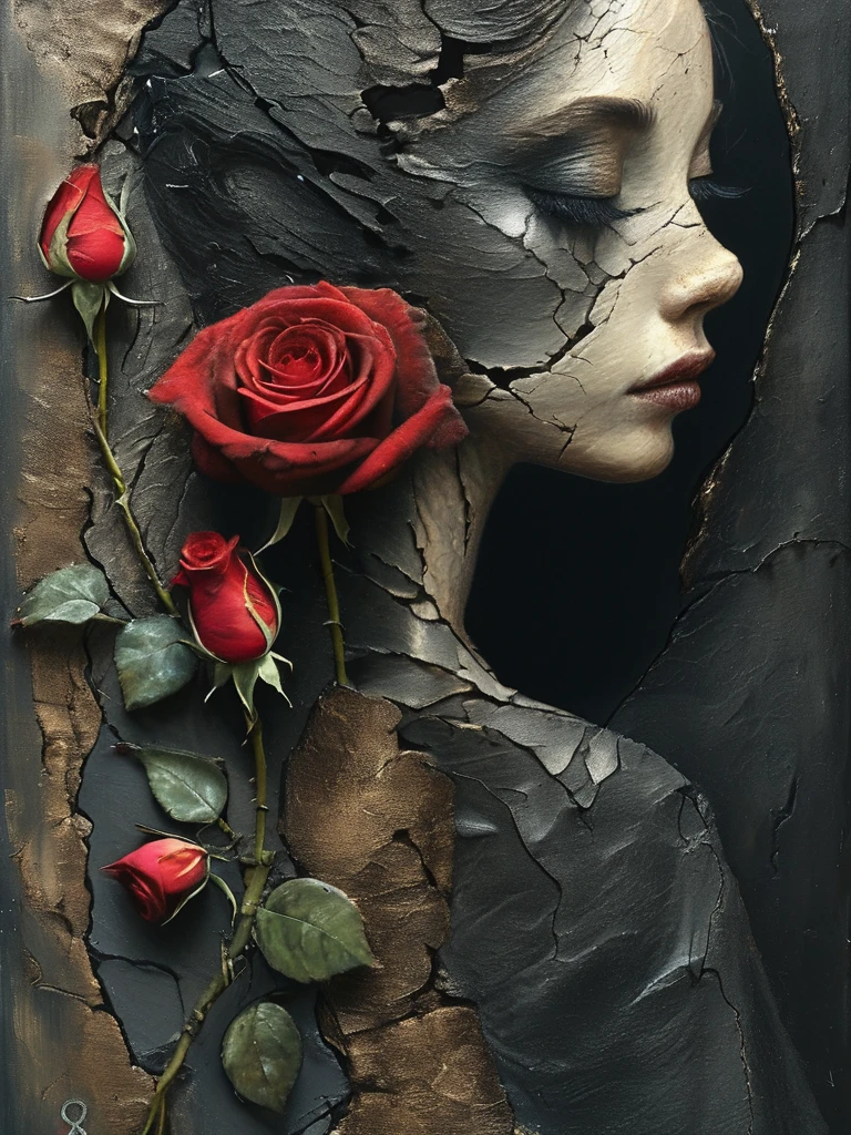 ((masterpiece)), ((best quality)), 8k, high detailed, ultra-detailed,fenliexl, surrealism painting, 16k, extreme detail, fine textures, ((dark shadows)), dark, sharp lines, somber colors,beautiful,tatoo,revealing,masterpiece,cracked,roses and love, <lora:XSfenlie:1>