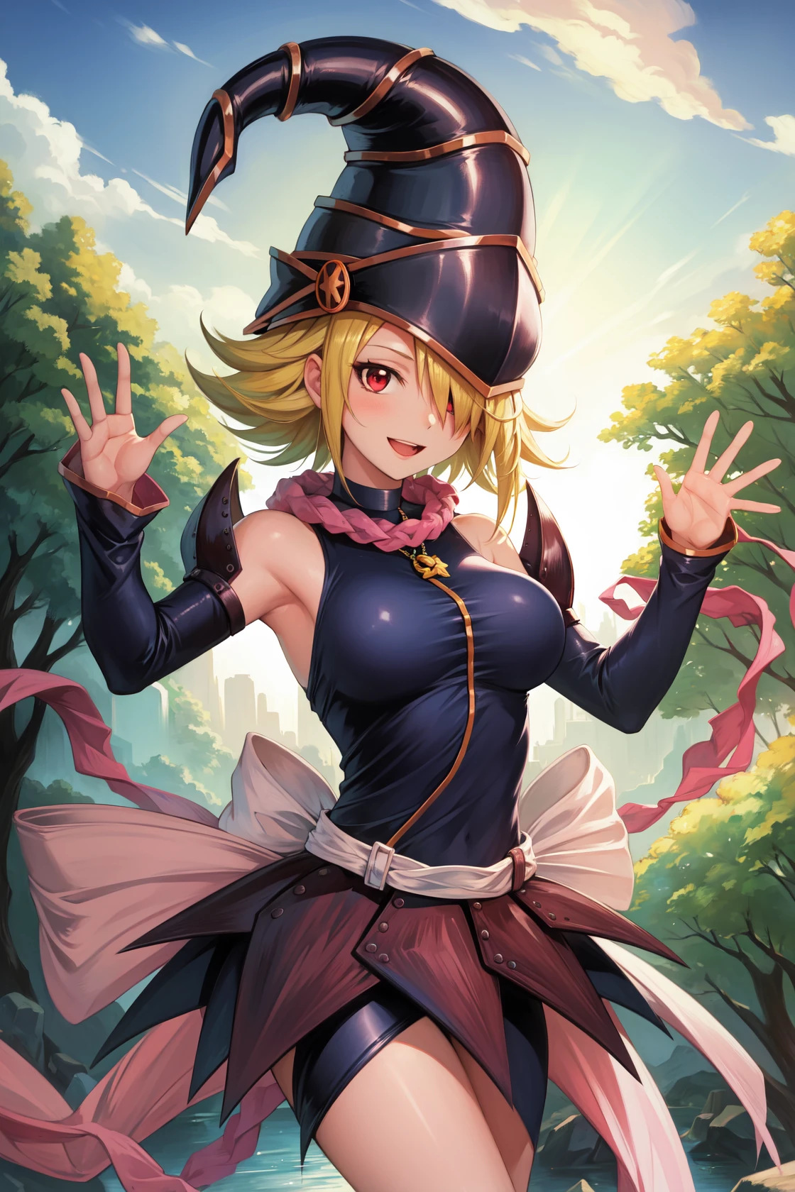 masterpiece, best quality, highres,
GagaDef, 1girl, solo, short hair, blonde hair, red eyes, hair over one eye,
breasts, large breasts, hat, bare shoulders, medium breasts, boots, detached sleeves, choker, blue footwear, duel monster, charm (object), wizard hat, gagaga girl,
cowboy shot, waving, waving arms, looking at viewer, forest, sunlight, cloudy, laughing, <lora:Gagaga:1>