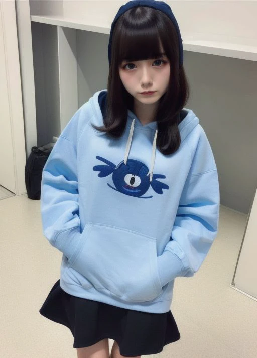 masterpiece,best quality,higher hoodie,skirt <lora:jirai:1> solo, 1girl, bangs, looking at viewer,