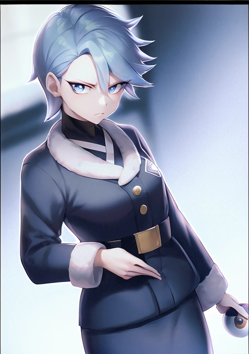 <lora:cyllene:0.7>,cyllene, 1girl, solo, looking at viewer, short hair, bangs, blue eyes, skirt, shirt, holding, closed mouth, blue hair, jacket, pantyhose, belt, hand up, black pantyhose, black shirt, frown, border, bright pupils, white border, buckle, grey skirt, arm behind back, outside border, outline, white pupils, black belt, poke ball, belt buckle, grey jacket, logo, holding poke ball, no eyebrows