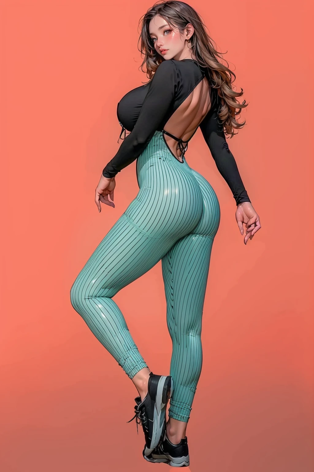1girl,solo,medium breasts,outdoors,(full body:1.3),(thigh gap:1.2),ruanyi0218,striped pants,backless outfit,center opening,bodysuit,, (masterpiece, best quality, hires, high resolution:1.2), (extremely detailed, realistic, intricate details, highres), 3d, cg, bbw, shiny skin, , blush,, eyeliner, eyeshadow, eyelashes,, (gigantic breasts, saggy breasts:1.1), (cinematic lighting, sunlight, volumetric), looking at viewer, simple red background, vintage fantasy, 1960s \(style\), film grain,