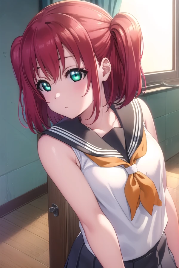 rubykurosawa, <lora:ruby kurosawa s2-lora-nochekaiser:1>,
ruby kurosawa, short hair, bangs, (green eyes:1.3), red hair, aqua eyes, two side up,
BREAK shirt, school uniform, white shirt, serafuku, neckerchief, uranohoshi school uniform, orange neckerchief, sleeveless, skirt, pleated skirt, grey skirt,
BREAK indoors, classroom,
BREAK looking at viewer, (cowboy shot:1.5),
BREAK <lyco:GoodHands-beta2:1>, (masterpiece:1.2), best quality, high resolution, unity 8k wallpaper, (illustration:0.8), (beautiful detailed eyes:1.6), extremely detailed face, perfect lighting, extremely detailed CG, (perfect hands, perfect anatomy),