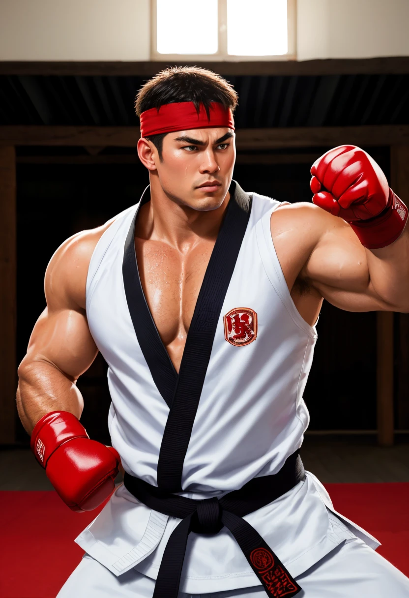 a picture, a handsome, 8k full body poster of a man, Charming sweet look, Move ki, shorth hair, musculature, clong legs, musculatureの足,, bare-legged, 詳細なmusculatureの体格, a picture, (masterpiece, top-quality, top-quality, Official art),side high kick, Stick out your fist, Large and dynamic movements, Photorealistic depiction,20yr old, Toned waist, White Karate Uniform, Karate Belt, White karate pants, Accurate depiction of details, Perfect skeleton, Look straight at your audience, sharp gaze