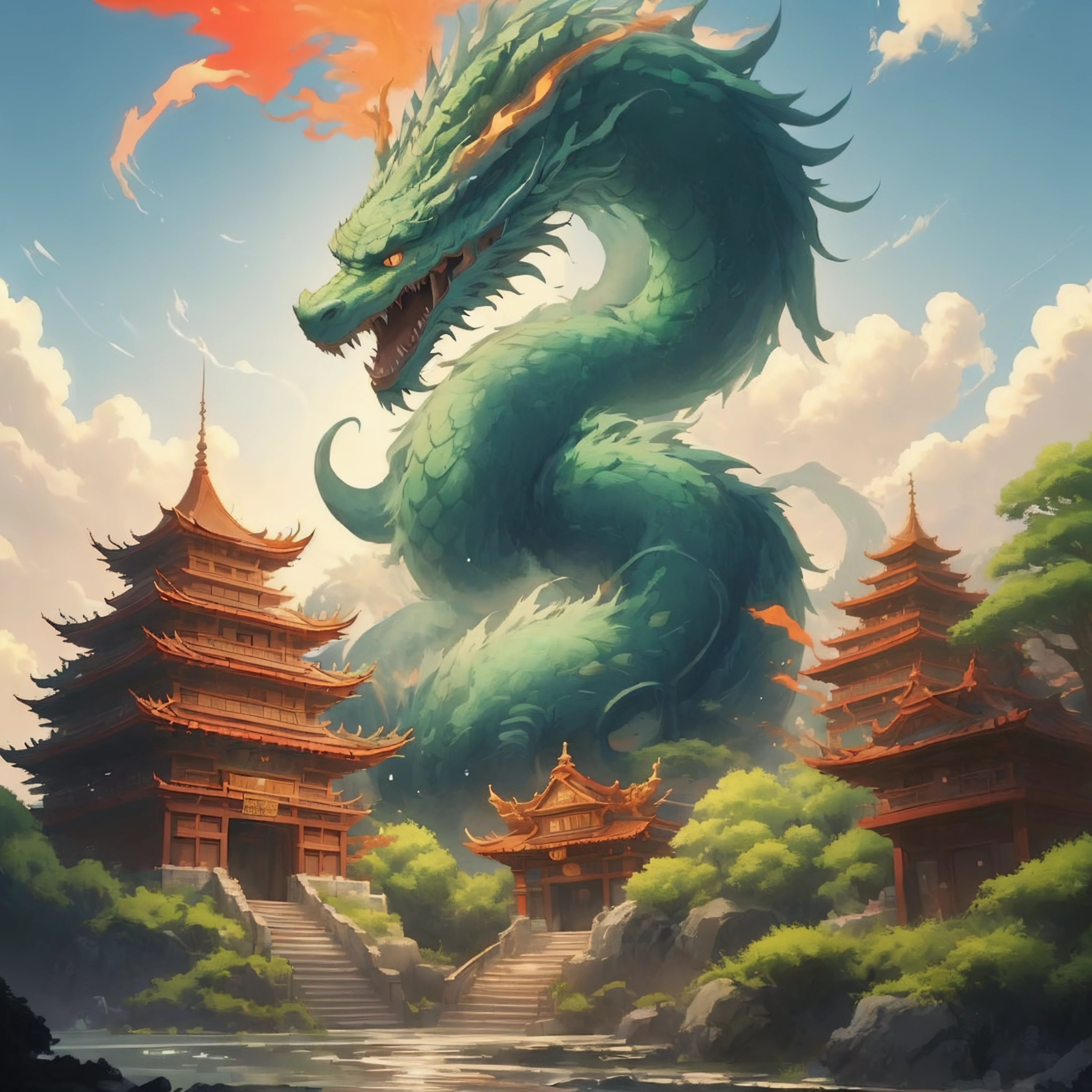 <lora:DragonsTemple:0.65>, a dragon, with paws, (temple:1.2), bright, tail, glow, anime, design, studio ghibli